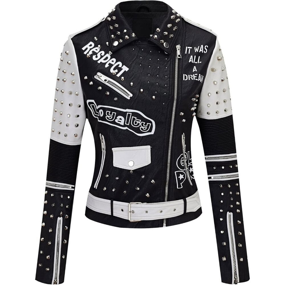 Women Black White Studded Rivet Floral Biker Short Lapel Coat Leather Jacket - Picture 2 of 6